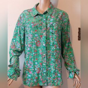 Levi's Green/Multcolor Print Front Snap with Cute Cuff Ties Women's XL